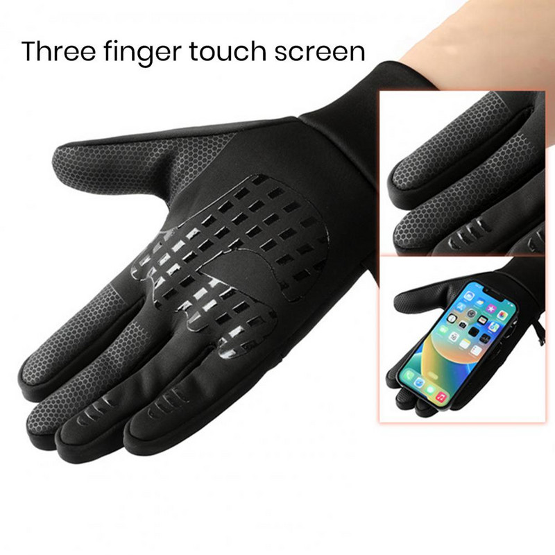 Sniega cimdi Ziemas riteņbraukšanas cimdi ar berzes daļiņām plaukstas skārienekrāns atstarojošs rāvējslēdzējs kabatas unisex, mīksti, sabiezināti, silti