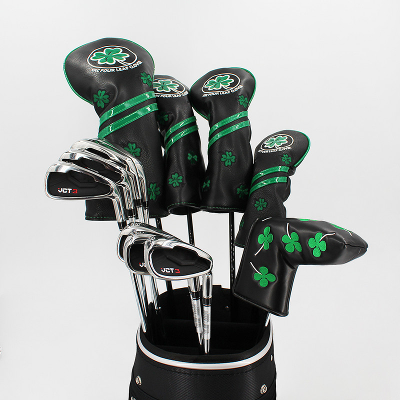 Golfa galvas pārsegs četru lapu āboliņš Golfa koka galvas pārsegs Driver Fairway Hybrid Putter PU ādas ūdensnecaurlaidīgi melni balti pārsegi