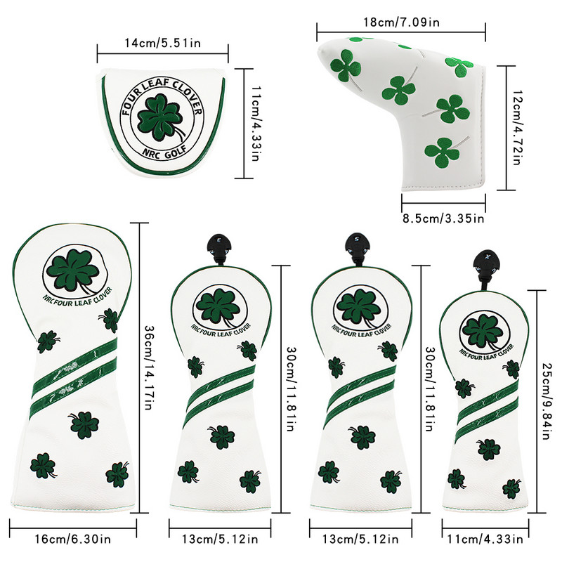 Golfa galvas pārsegs četru lapu āboliņš Golfa koka galvas pārsegs Driver Fairway Hybrid Putter PU ādas ūdensnecaurlaidīgi melni balti pārsegi