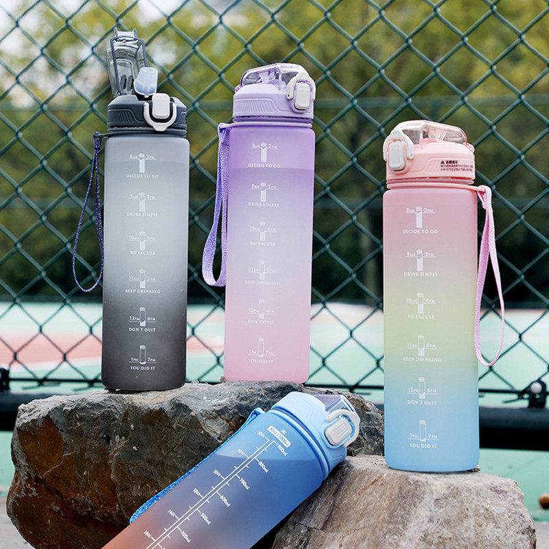 Πλαστικό μπουκάλι νερού 1000ml με δείκτη χρόνου, Αθλητικό γυμναστήριο, στεγανό ποτό με λαβή, αθλητικό βραστήρα
