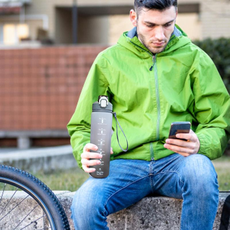 Sticlă de apă de 1 litru Sticlă de băut Sticlă de apă sportivă cu marcator de timp și paie cești portabile reutilizabile rezistente la scurgeri