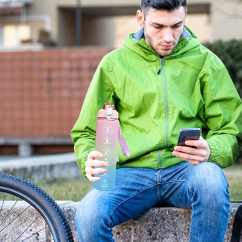 Sticlă de apă de 1 litru Sticlă de băut Sticlă de apă sportivă cu marcator de timp și paie cești portabile reutilizabile rezistente la scurgeri