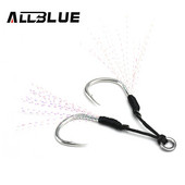 ALLBLUE 4 ζεύγη/παρτίδα Metal Jig Assist Hook with PE Line Feather Solid Ring Jigging Spoon Saltwater Fishhook for 5-80g Lure