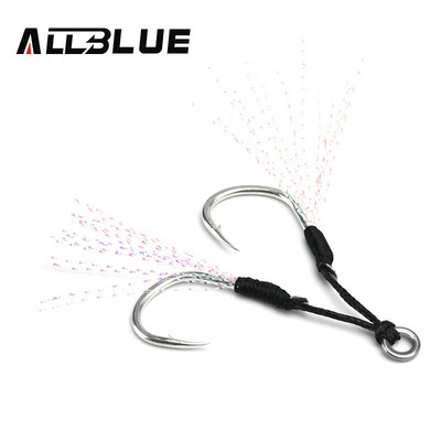 ALLBLUE 4 чифта/лот Метална кука за подпомагане на джиг с PE Line Feather Solid Ring джигинг лъжица Соленоводна рибарска кука за 5-80g примамка