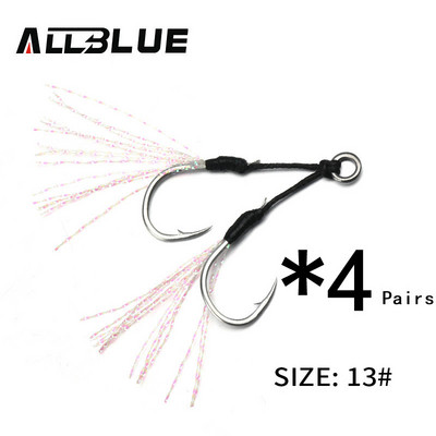 ALLBLUE 4 ζεύγη/παρτίδα Metal Jig Assist Hook with PE Line Feather Solid Ring Jigging Spoon Saltwater Fishhook for 5-80g Lure