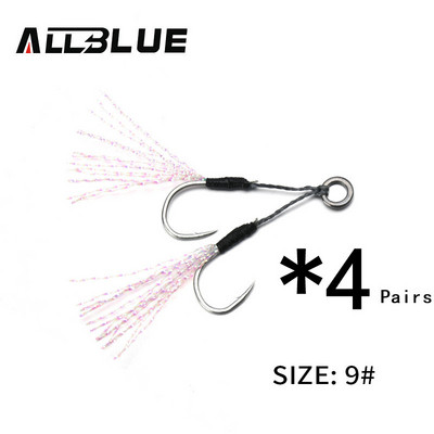 ALLBLUE 4 ζεύγη/παρτίδα Metal Jig Assist Hook with PE Line Feather Solid Ring Jigging Spoon Saltwater Fishhook for 5-80g Lure