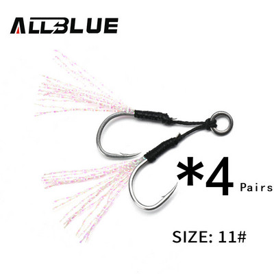 ALLBLUE 4 ζεύγη/παρτίδα Metal Jig Assist Hook with PE Line Feather Solid Ring Jigging Spoon Saltwater Fishhook for 5-80g Lure