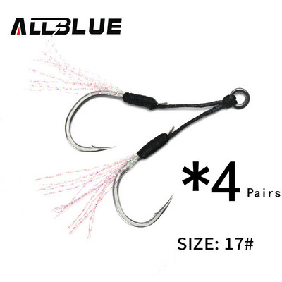 ALLBLUE 4 ζεύγη/παρτίδα Metal Jig Assist Hook with PE Line Feather Solid Ring Jigging Spoon Saltwater Fishhook for 5-80g Lure