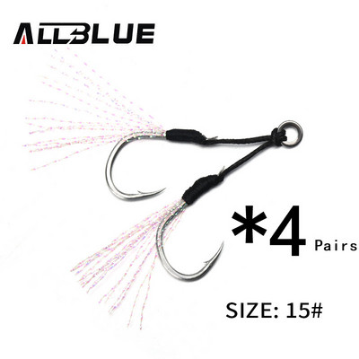 ALLBLUE 4 ζεύγη/παρτίδα Metal Jig Assist Hook with PE Line Feather Solid Ring Jigging Spoon Saltwater Fishhook for 5-80g Lure