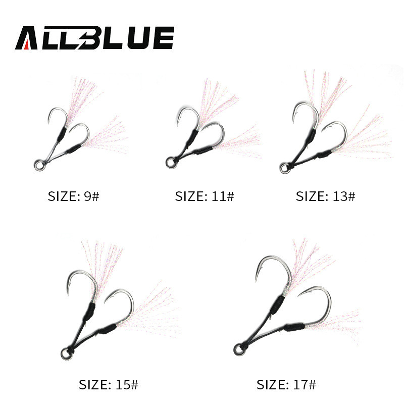 ALLBLUE 4 ζεύγη/παρτίδα Metal Jig Assist Hook with PE Line Feather Solid Ring Jigging Spoon Saltwater Fishhook for 5-80g Lure