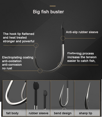 10 бр. Риболовни куки Комплект големи рибарски куки от въглеродна стомана Плоски риболовни бодливи шарански куки Плъзнете 35 кг Аксесоари за морски риболов