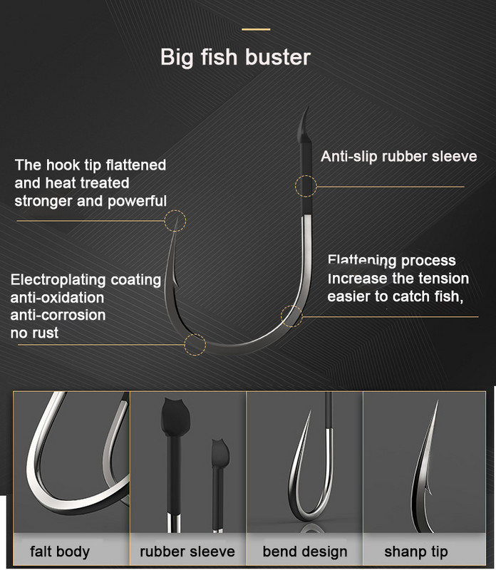 Set udica za ribolov od 10 komada, velike udice od ugljičnog čelika, plosnate udice za pecanje, bodljikave šaranske udice, 35 kg pribor za morski ribolov