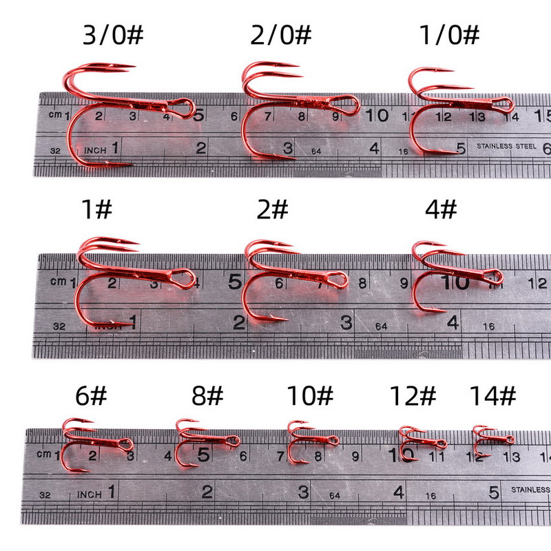 10 tk/partii Punane 2/4/6/8/10# Kalastuskonksud Kõrge süsinikusisaldusega terasest kolmikkonks Ümar painutatud treble merevee Bass Püügitarbed Pesca