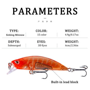 1 бр. Риболовна примамка Minnow 4,9 g 6 cm воблер Бавно потъваща изкуствена пластмасова твърда стръв Crankbait за бас щука Pesca риболовни принадлежности