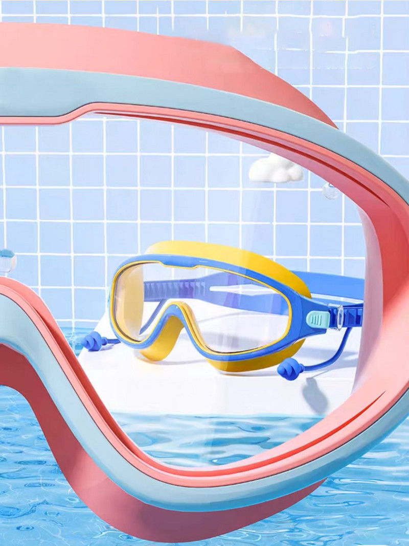 Vaikiški didelio rėmo plaukimo akiniai su ausų kištukais Vaikiški nuo rasojimo plaukimo akiniai berniukams mergaičių baseino paplūdimio akiniai nuo 2 iki 6 metų
