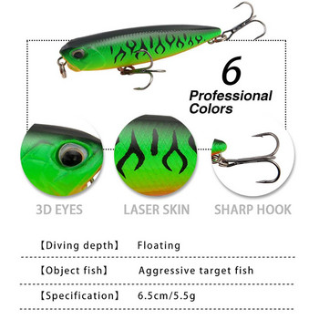 6,5cm/5,5g Topwater Pencil Dog Walker Fishing Lures with Hooks Long Casting Artificial Hard Bait Lure for Freshwater Saltwater