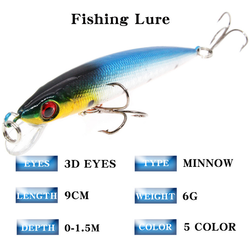 1 ΤΕΜ 9cm 6g Minnow Fishing Lures Wobbler Hard Baits Crankbaits ABS Τεχνητό δέλεαρ για Είδη ψαρέματος Bass Pike