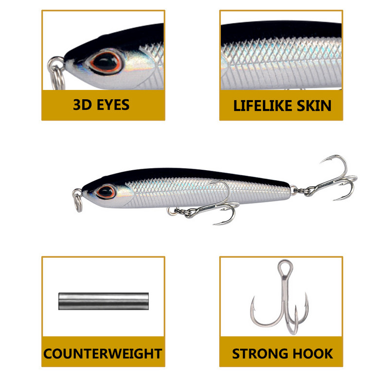 Topwater Pencil 75mm 9g Nalucă de pescuit de suprafață Walk The Dog Momeală dură de apă sărată artificială Bass Walker din plastic