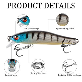 1бр Риболовна примамка Minnow 7cm 5.7g Bass Изкуствена твърда стръв Воблери Crankbait 3D очи Потъващи пластмасови примамки Fish Pesca