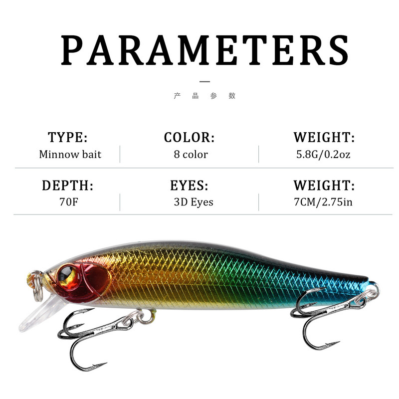 1 ks Rybárska návnada na ryby Minnow 7 cm 5,7 g Umelá tvrdá návnada na basy, voblery, crankbait 3D očká, potápavé plastové návnady, ryby, rybárčenie