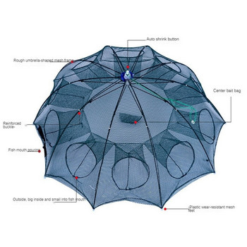 4-16 дупки Укрепена риболовна мрежа Клетка за скариди Сгъваема найлонова автоматична форма на чадър Капан за риба Сгъваема мрежа за кацане