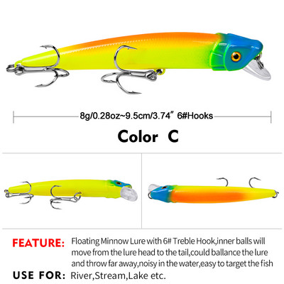 Sunlure 1PCS Floating Minnow Bait 9,5cm-8g Surface Fishing Lure Hard Artificial Wobbler Noisy Swimbait Bass Bait Fishing Trackle