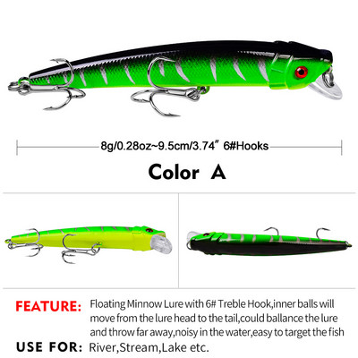 Sunlure 1PCS Floating Minnow Bait 9,5cm-8g Surface Fishing Lure Hard Artificial Wobbler Noisy Swimbait Bass Bait Fishing Trackle