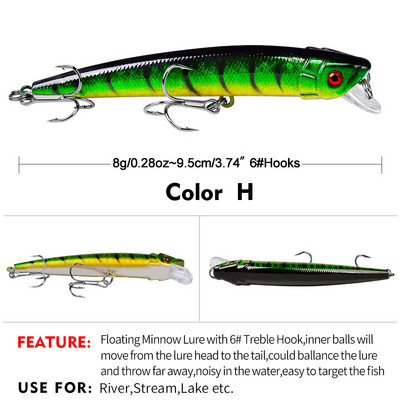 Sunlure 1PCS Floating Minnow Bait 9,5cm-8g Surface Fishing Lure Hard Artificial Wobbler Noisy Swimbait Bass Bait Fishing Trackle