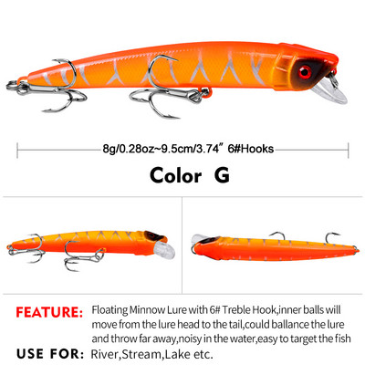 Sunlure 1PCS Floating Minnow Bait 9,5cm-8g Surface Fishing Lure Hard Artificial Wobbler Noisy Swimbait Bass Bait Fishing Trackle