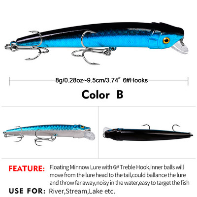 Sunlure 1PCS Floating Minnow Bait 9,5cm-8g Surface Fishing Lure Hard Artificial Wobbler Noisy Swimbait Bass Bait Fishing Trackle