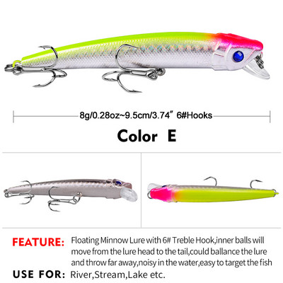 Sunlure 1PCS Floating Minnow Bait 9,5cm-8g Surface Fishing Lure Hard Artificial Wobbler Noisy Swimbait Bass Bait Fishing Trackle