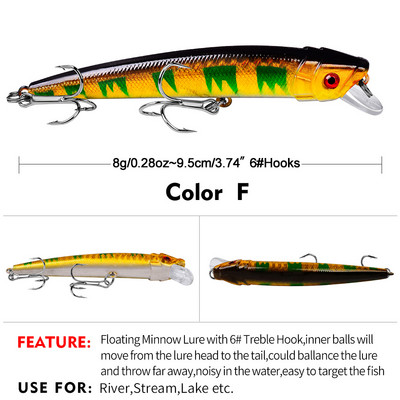 Sunlure 1PCS Floating Minnow Bait 9,5cm-8g Surface Fishing Lure Hard Artificial Wobbler Noisy Swimbait Bass Bait Fishing Trackle