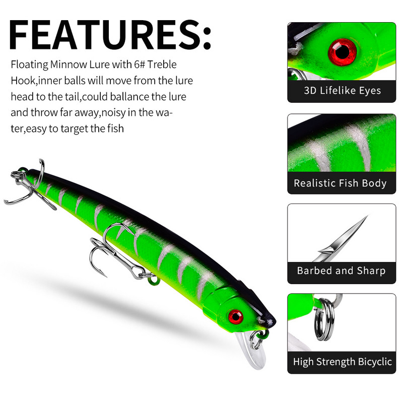 Sunlure 1PCS Floating Minnow Bait 9,5cm-8g Surface Fishing Lure Hard Artificial Wobbler Noisy Swimbait Bass Bait Fishing Trackle