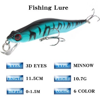 1 ΤΕΜ 11,5 cm 10,7 g Minnow Fishing Lures Wobbler Hard Baits Crankbaits ABS Artificial Lure for Bass Pike Fishing Tacking