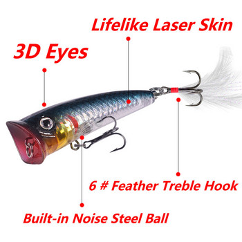 1 τεμ. Topwater Fishing Lure 7,5cm 10,5g Popper Wobbler Laser Hard Plastic Artificial Bait with Feather Hook Bass Fishing Decking