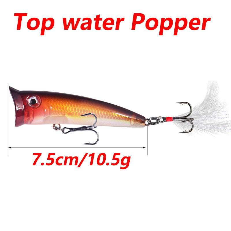 1 tk Topwater püügilant 7,5 cm 10,5 g Popper Wobbler Laser kõva plastist kunstsööt koos sulgede konksuga Bass kalastustarvetega