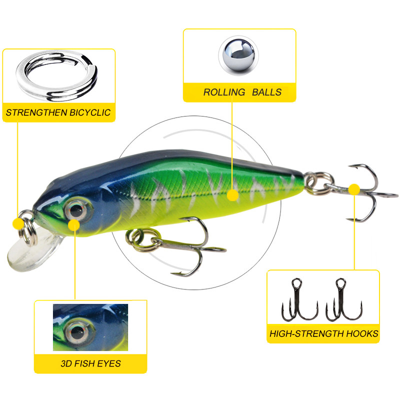 1db Mini Wobblerek Süllyedő Minnow horgászcsalik Bass Crankbait Hooks Tackle Crank Baits 6cm 4,5g pesca