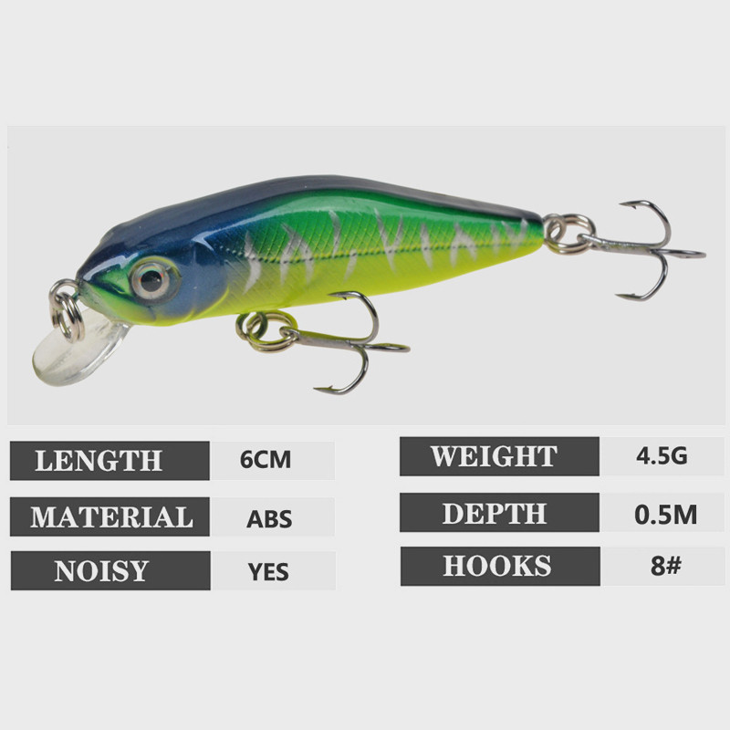1db Mini Wobblerek Süllyedő Minnow horgászcsalik Bass Crankbait Hooks Tackle Crank Baits 6cm 4,5g pesca