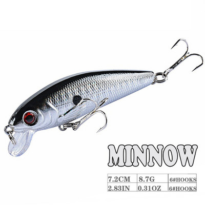 Minnow lazerinis plaukiojantis vobleris su „Treble Hooks“ dirbtinis masalas, kietas 7,2 cm, 8,7 g