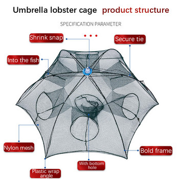 Αυτόματο πτυσσόμενο δίκτυο ψαρέματος Τύπος παγίδα ομπρέλας εξωτερικού χώρου Δίχτυ ψαρέματος Κλουβί γαρίδας Νάιλον Παγίδα ψαριών Χυτό δίχτυ για ψάρεμα