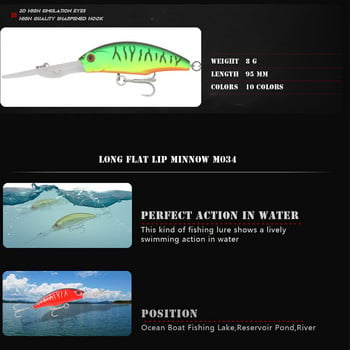 1 τεμ Minnow Fishing Lure Floating 95mm 8g Deep Diving Trolling Wobbler 3D Eyes Artificial Bait Bass Πέστροφα Πέστροφα Λούτσες