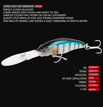 1 бр. Риболовна примамка Minnow, плаваща 95 mm, 8 g, дълбоко гмуркане, тролинг воблер, 3D очи, изкуствена стръв, бас пъстърва, риболовни принадлежности за щука