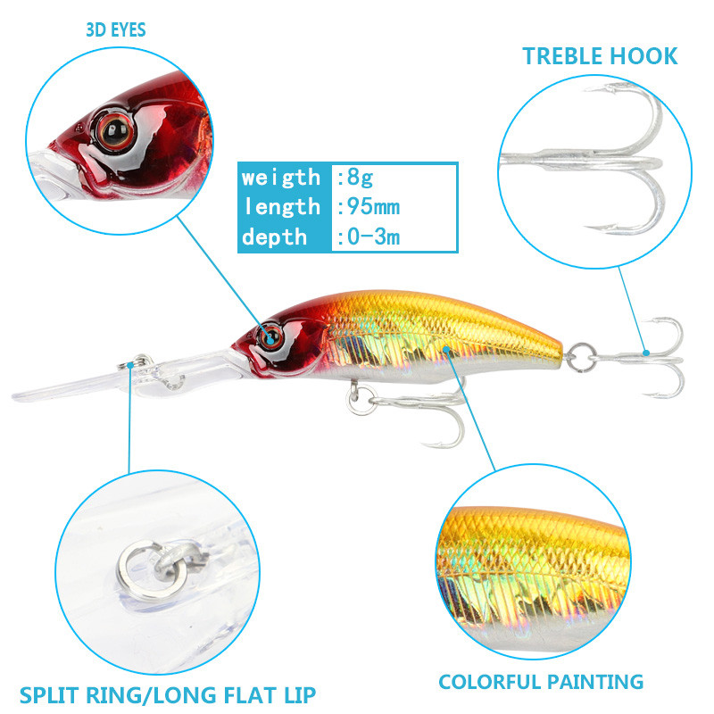 1 kom plutajući mamac za pecanje, 95 mm, 8 g vobler za dubinsko ronjenje, trolling, 3D oči, umjetni mamac, pribor za pecanje bas pastrva, štuka