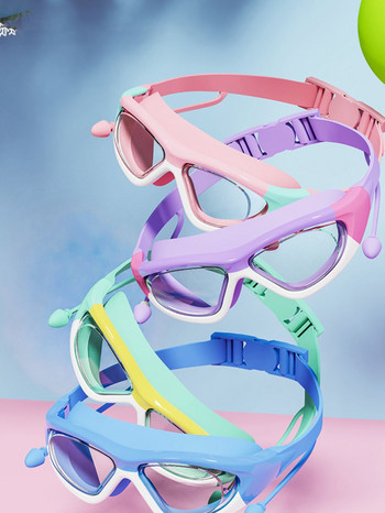 Детски очила за плуване с висока разделителна способност, водоустойчиви и незамъгляващи се с големи рамки, удобни очила Свързани силиконови тапи за уши