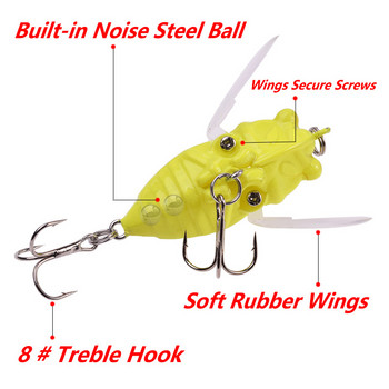 1 τεμ. Insect Popper Fishing Lure 4,8cm 6g Topwater Soft Wing Cicada Wobblers Τεχνητό δόλωμα με γάντζους για μπάσο λούτσου