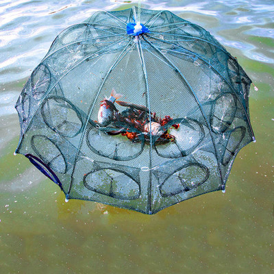 2-12 дупки Укрепена автоматична риболовна мрежа Клетка за скариди Найлонова сгъваема чадър във формата на раци Капан за риба Капан за лята мрежа Сгъваема мрежа