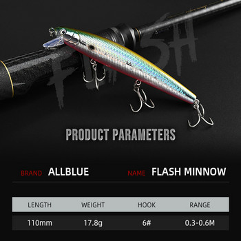 ALLBLUE FlashMinnow 110 Риболовна примамка 110 mm 17,8 g Glow Jerkbait Wobbler Slow Suspending Minnow Plastic Bait Bass Pike Tackle