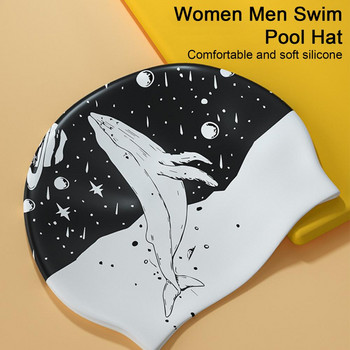 Жени Мъже Шапка за плуване Силиконова еластична Шапка за басейн с щампа на кит Къдрави къси средно дълги гъсти косми Шапка за къпане за възрастни