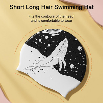 Жени Мъже Шапка за плуване Силиконова еластична Шапка за басейн с щампа на кит Къдрави къси средно дълги гъсти косми Шапка за къпане за възрастни