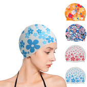 Suure elastsusega ujumismüts Lilleprintidega kõrvakaitsega ujumismüts Värviline naiste meeste silikoonist basseinimüts täiskasvanutele